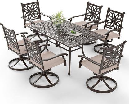 Sophia & William 7 Pieces Cast Aluminium Patio Dining Set for 6, Outdoor Swivel Rocking Chairs and Rectangular Table with 2.3" Umbrella Hole for Porch Backyard Deck, Bronze