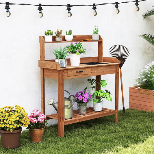 HAPPYGRILL Potting Bench Table, Wooden Work Bench with Removable Sink, Wood Garden Table with Storage Shelves, Drawer, Potting Benches for Outside, Patio Lawn Greenhouse