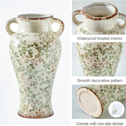 Enra Farmhouse Vintage vase with Handle,12.6 in Ceramic Chinoiserie Floral Vase,Green and Beige Decorative Flower vase,Large Rustic Vases for Home Decors, Living Room, Bookshelf, Office