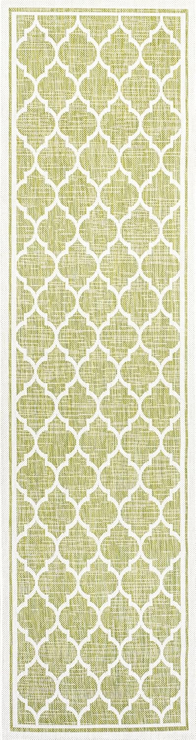 Eyely BMS109G-210 Santa Monica Trebol Moroccan Trellis Textured Weave Indoor/Outdoor Runner Rug Coastal;Bohemian, Bedroom, Backyard, Patio, Easy-Cleaning, Non-Shedding, 2 X 10, Green/Cream