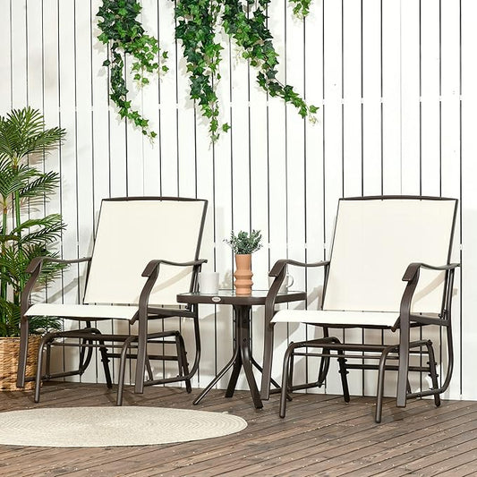 Outsunny 3 Piece Outdoor Glider Chair with Coffee Table Bistro Set, 2 Patio Rocking Swing Chairs with Breathable Sling Fabric, Glass Tabletop, for Backyard, Garden and Porch, Cream White