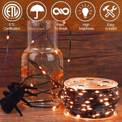 WATERGLIDE Extra Long 328 FT Halloween Lights, 1000 LED Outdoor Fairy String Light, Green PVC Copper Wire Christmas Lights, Plug in 8 Modes & Waterproof for Tree Party Home Yard Decor, Orange