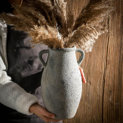 Large Ceramic Rustic Vase,11.3 inch Tall Farmhouse Flower Vase with 2 Handles for Home Decor, Living Room Entryway Table Centerpiece Decor