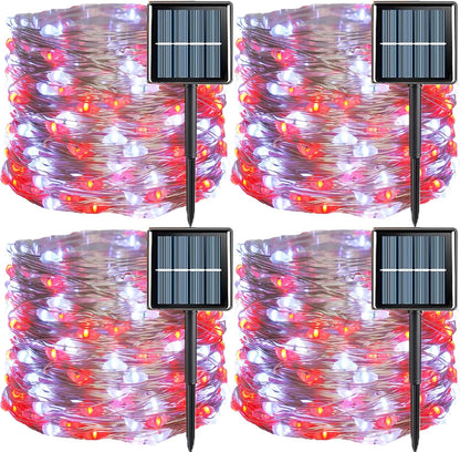 YEGUO Solar Fairy Lights Outdoor Waterproof, 4 Pack Each 33ft 100 LED String Lights, 8 Modes Silver Wire Solar Outdoor Lights (Red and White)