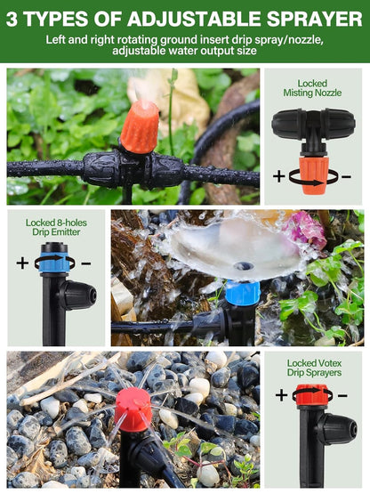 150FT Automatic Drip Irrigation Kit with Lawn Sprinkler, Kalolary 1/4" 1/2" Garden Watering System with 4/7mm 16mm Tube Locked Drip Irrigation Emitter Fittings Adjustable Sprinkler System for Outdoor