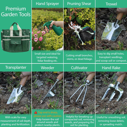 LeMotech Garden Tool Set,10 Pieces Heavy Duty Gardenting Tool Kit, Folding Stool with Detachable Tote Bag, Thicker Stainless Steel Tools (Trans-Planter,Trowel,Weeder etc.) for Women Men