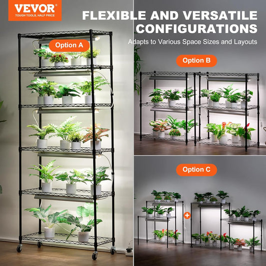 VEVOR DIY Plant Stand with Grow Light, 6-Tier Large Tall Plant Shelf with 192W 5000K Full Spectrum Grow Lights, Indoor Grow Light Shelf with Wheels for Seed Starting 29.5" L x 13.8" W x 70.9" H