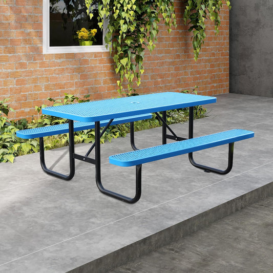6FT Metal Picnic Tables for Outdoors, Commercial Rectangular Picnic Table and Bench Set for Outside, Patio, Garden, Backyard, Porch, Surface Mount, Blue