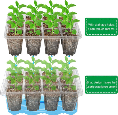 Bonviee 5 Packs Seed Starter Tray with Grow Light, Elevated Seedling Starter Trays Kits with Adjustable Humidity Domes and Clear Cell Tray, 12 Full Spectrum led lamp Beads for Plants Indoor-Clear