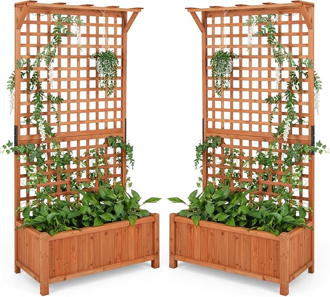 HAPPYGRILL Raised Garden Bed with Trellis, 72.5" Planter Raised Bed with Drainage Holes, Freestanding Garden Box for Vine Climbing Plants, Wooden Planter Box for Yard Balcony (2, Orange)
