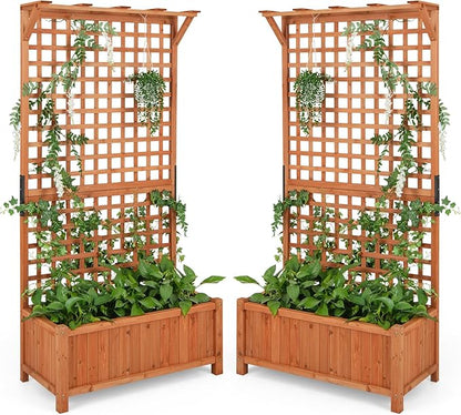 HAPPYGRILL Raised Garden Bed with Trellis, 72.5" Planter Raised Bed with Drainage Holes, Freestanding Garden Box for Vine Climbing Plants, Wooden Planter Box for Yard Balcony (2, Orange)