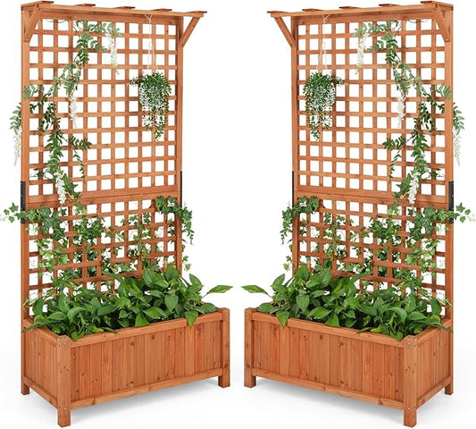 HAPPYGRILL Raised Garden Bed with Trellis, 72.5" Planter Raised Bed with Drainage Holes, Freestanding Garden Box for Vine Climbing Plants, Wooden Planter Box for Yard Balcony (2, Orange)