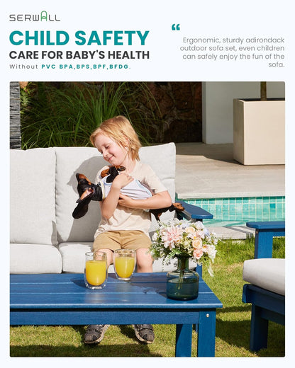 SERWALL HDPE Outdoor Furniture Set, 7 Piece All Weather Wood-Like Outdoor Sofa Sectional Couch, Blue Patio Furniture Set with Khaki Cushions