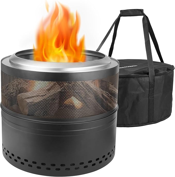 Outdoor Smokeless Fire Pit, 20'' Portable FirePits for Camping, Smokeless FirePit for Outside with Carry Bag, Wood Burning Stove, Stainless Steel，Black
