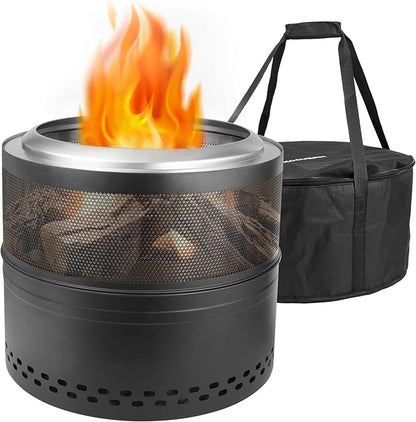 Outdoor Smokeless Fire Pit, 20'' Portable FirePits for Camping, Smokeless FirePit for Outside with Carry Bag, Wood Burning Stove, Stainless Steel，Black
