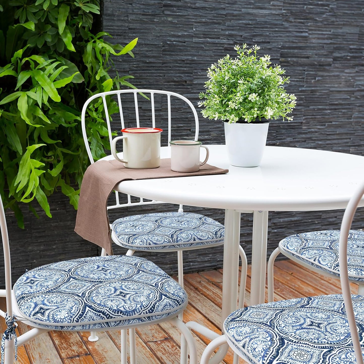 Indoor/Outdoor Chair Cushions 16x17 Inch, Patio Chair Cushions with Ties, All Weather Seat Cushions for Patio Furniture Home Garden Chair Use, Set of 4,Medallion Blue