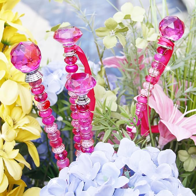 119 Pcs Garden Stake Diy Fairy Wand Plant Stake with Rose Red Large Hole Beads Crystal Diamond Stopper Top 4 Stainless Steel Threaded Rod Beaded Garden Stakes For Outdoor Indoor Yard Patio Decorations