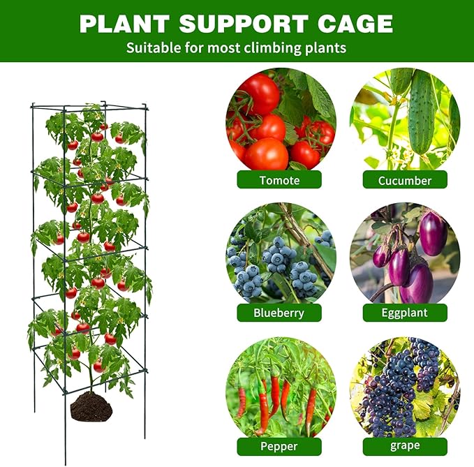 6 Packs Tomato Cages for Garden, 12"×12"×48" Plant Support Cage with Different Spacing, Green Metal Trellis for Climbing Plants Like Cucumber, Flowers