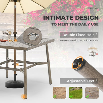 HAPPATIO Patio Table for 4, Modern Square Outdoor Dining Table with Umbrella Hole and Adjustable Feet, All Weather Aluminum Patio Table for Garden, Backyard and Poolside, Grey