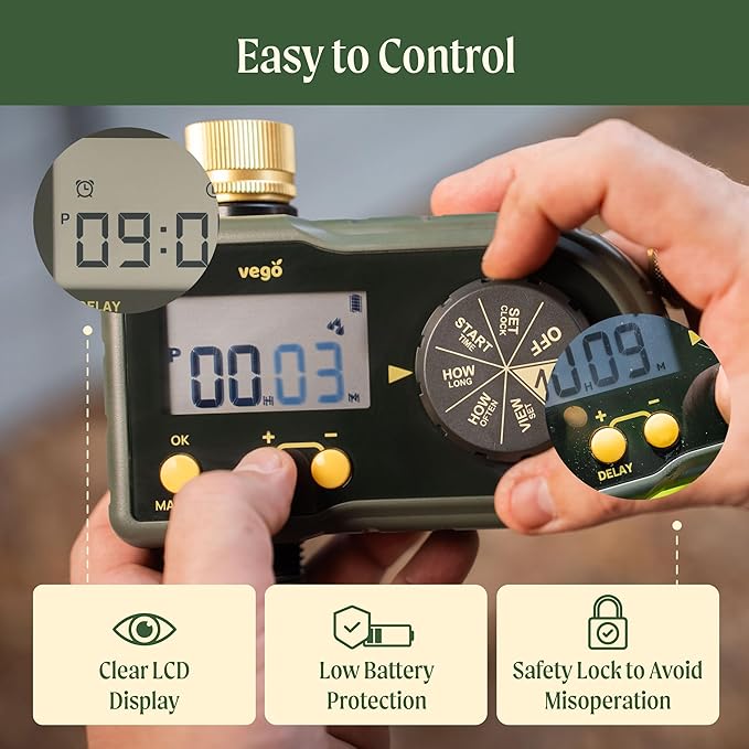 Vego Sprinkler Timer with Brass Inlet- Watering Timer for Garden Hose with Rain Delay/Manual Watering/Automatic Irrigation System - Water Hose Timer for Yard Lawn