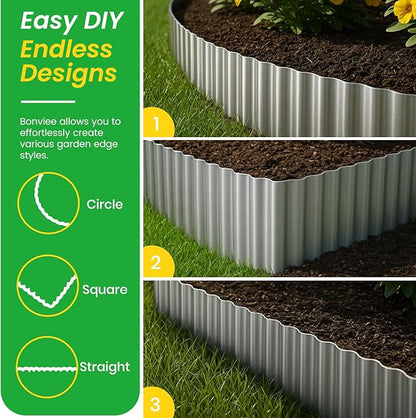 Bonviee 8” x 40’ Metal Landscape Edging Border Kit, Corrugated Garden Edging for Flower Bed, Lawn, Walkways, No Dig Paver Edging for Landscaping, Durable Garden Border Edging (Silver, 8In x 40Ft)