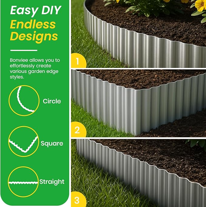 Bonviee 6” x 20’ Metal Landscape Edging Border Kit, Corrugated Garden Edging for Flower Bed, Lawn, Walkways, No Dig Paver Edging for Landscaping, Durable Garden Border Edging (Silver, 6In x 20Ft)