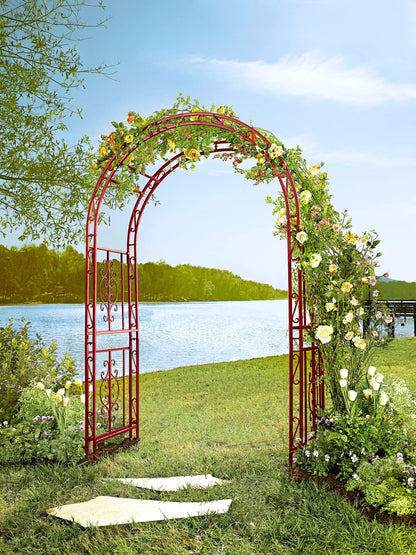 Evergreen Plow & Hearth Arch Metal Outdoor Garden Arbor | Montebello | 7 Feet Tall | Red | Iron Trellis Lattice for Climbing Plants | Wedding | Outdoor Patio Decor (Red)