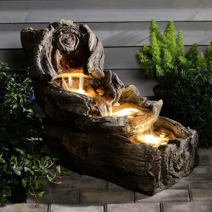 31.5" L Garden Water Fountain Outdoor, Artifical Imitation Wood Outdoor Water Fountain Natural Waterfall with LED Lights for Patio,Porch,Backyard,Home Art Decor（Resin）