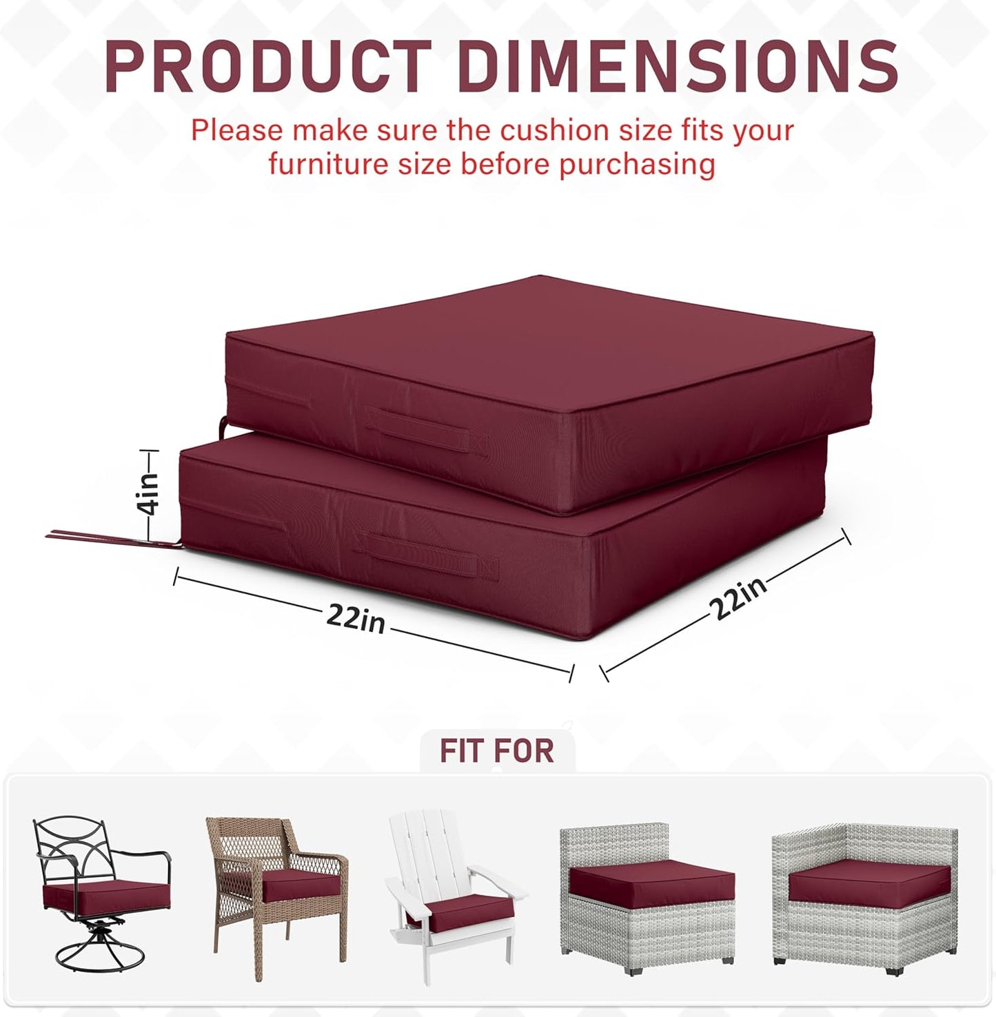Patio Chair Cushions 22 X 22 X 4 Inch Waterproof Outdoor Seat Cushions for Patio Furniture, Outdoor Sofa Couch Pads with Ties & Handle, Set of 2, Burgundy