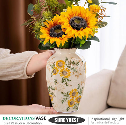Hand-Painted Sunflower Vintage Ceramic Octagonal Vase, Green Yellow Beige Flower Vases for Bouquet, Fireplace Mantle, Table Centerpieces, Bookshelf, Office, Chinoiserie Floral Home Decorations 9.1 in