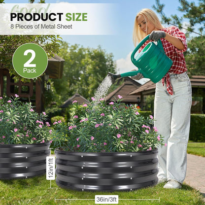 G GOOD GAIN Round Raised Garden Bed - 2Pcs 3x3x1ft Galvanized Steel Planter Boxes Outdoor with Rubber Edge Trim | Metal Raised Beds for Gardening Vegetables Flowers Fruits Herbs (Dark Grey)