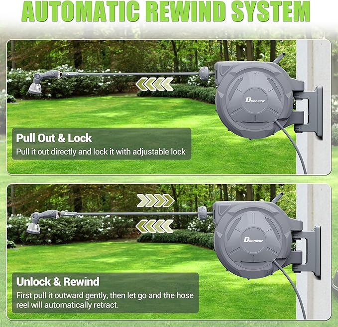 1/2" x 150 ft Retractable Hose Reel, Heavy Duty Retractable Garden Hose Reel Wall Mounted with 10-Pattern Hose Nozzle/Any Length Lock/Slow Return System/180°Swivel Bracket