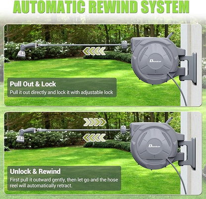 1/2" x 150 ft Retractable Hose Reel, Heavy Duty Retractable Garden Hose Reel Wall Mounted with 10-Pattern Hose Nozzle/Any Length Lock/Slow Return System/180°Swivel Bracket