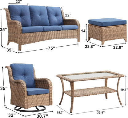 Outdoor Wicker Patio Furniture Set - 6 Piece Rattan Patio Conversation Set with 2 Rocking Swivel Chairs,2 Ottomans,1 Sofa and 1 Coffee Table for Porch Deck Backyard Garden(Yellow/Blue)