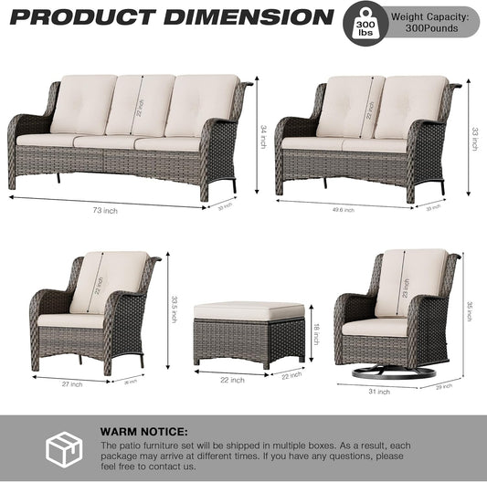 Joyside Patio Furniture Set 5-Piece Wicker Outdoor Furniture Conversational Set with 3-Seat Sofa, 2 Armchairs, 2 Ottoman Patio Rattan Wicker Sectional Sofa Set with Olefin Cushions(Mixed Grey/Beige)