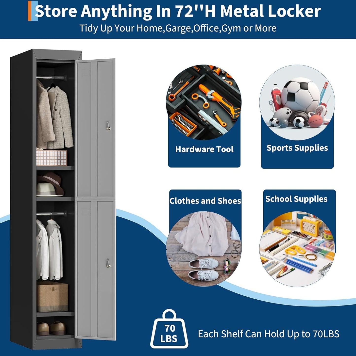 2 Doors Tall Single Metal Locker, Metal Lockers for Employees with Keys, 72” Black Employee Storage Cabinet with Doors, Steel Storage Cabinets Lockable for School, Gym, Home, Office, Mudroom, Black