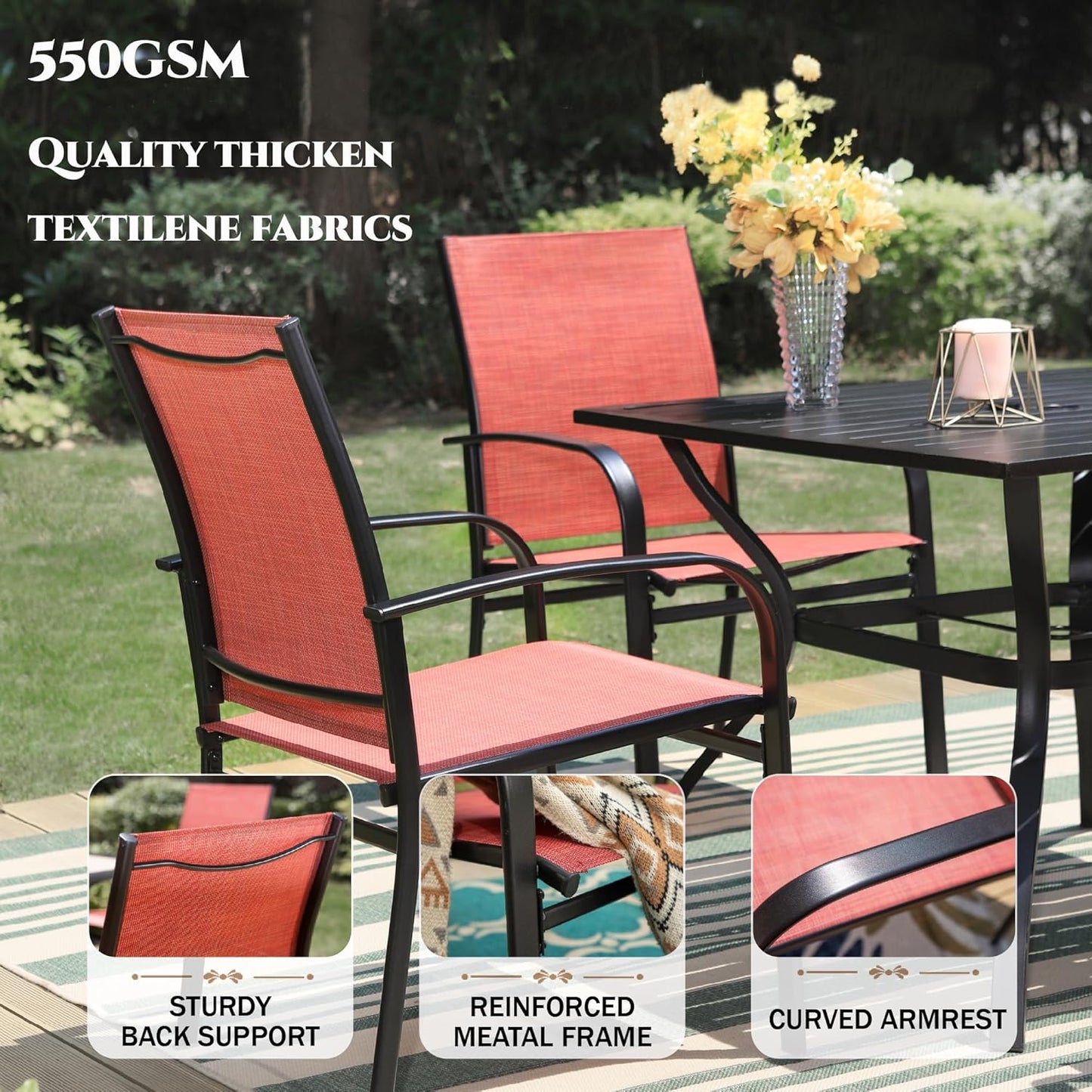 HERA'S HOUSE 9 Pieces Patio Dining Set, Outdoor Table Chairs Set for 8, 8 x Dining Red Chair and 1x Extendable Metal Dining Table for Patio, Lawn, Garden, Porch