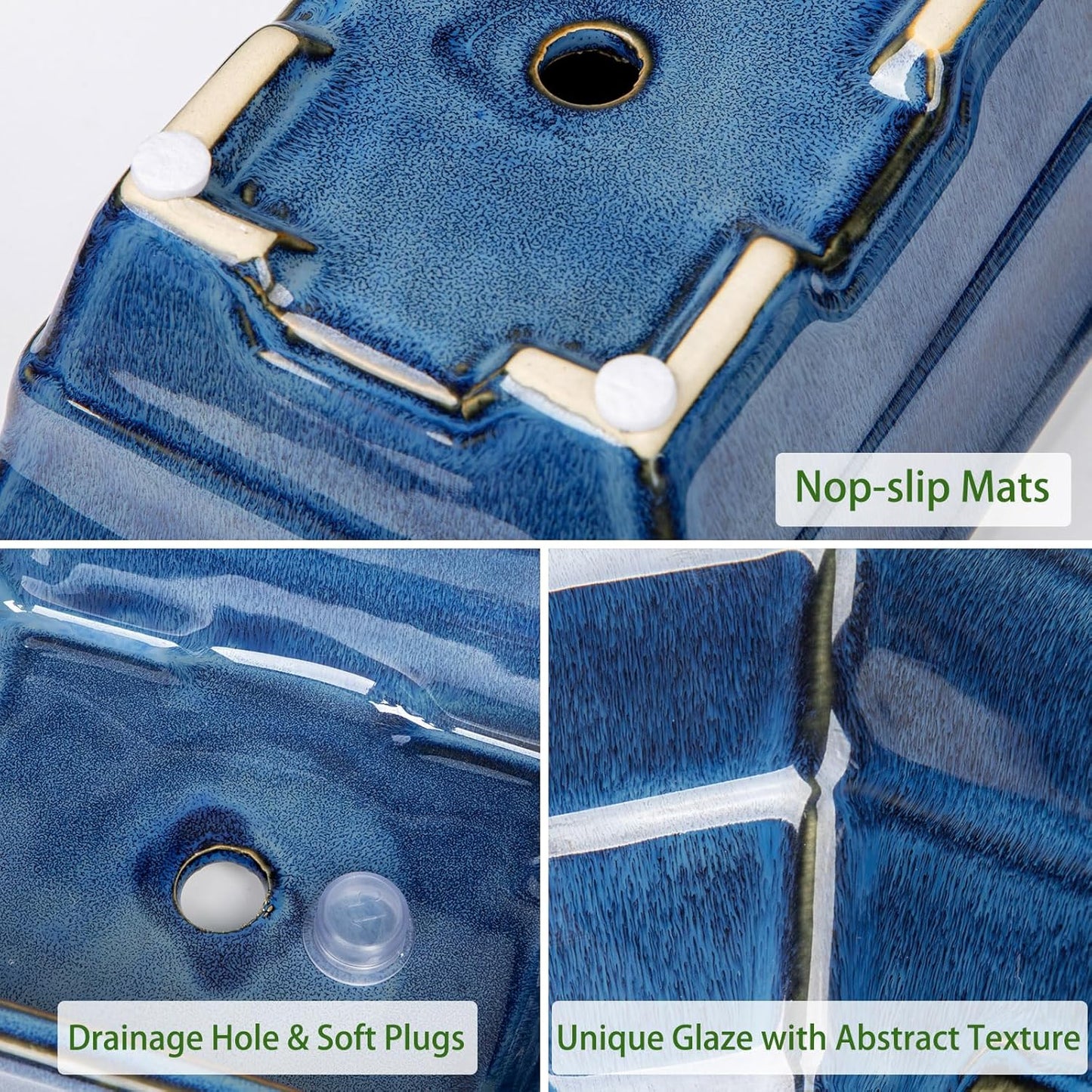 Set of 2 Blue Glazed Ceramic Bonsai Pots, 9.8" & 7.4" Rectangular Bonsai Pots Planters with Drainage for Indoor/Outdoor Plants, Shallow Bonzie Tree Pot for Succulents, Cacti, Orchids, Herbs, Flowers