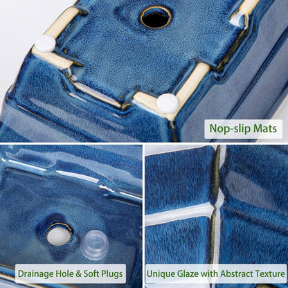 Ceramic Bonsai Pots with Drainage Tray Set of 2, 6 Inch Blue Glazed Bonsai Planters for Indoor/Outdoor Use, Shallow Rectangular Bonzai Tree Pots for Succulent, Orchids, Cacti, Home, Patio, Garden