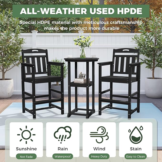 HDPE Outdoor Patio Bar Set with Bar Height Table and 2 Adirondack Chairs, All-Weather High Top Outside Round Pub Furniture for Bistro, Garden, Backyard, Deck | 3-Pieces, Matte Black
