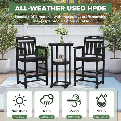 HDPE Outdoor Patio Bar Set with Bar Height Table and 2 Adirondack Chairs, All-Weather High Top Outside Round Pub Furniture for Bistro, Garden, Backyard, Deck | 3-Pieces, Matte Black