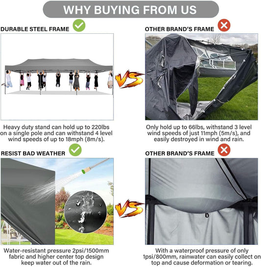 COBIZI 10x30 Pop Up Canopy with 8 Sidewall,Heavy Duty UPF 50+ All Season Wind Waterproof Commercial Outdoor Wedding Party Tents for Parties Canopy Gazebo with Roller Bag(10 x 30 ft Gray)