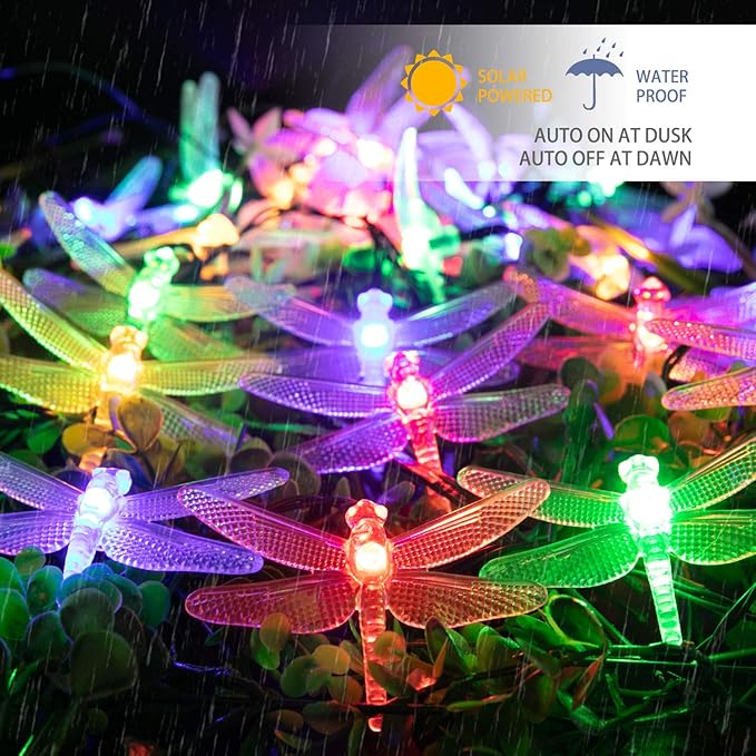 Dragonfly Solar String Lights Outdoor 25.6FT 30 LED Waterproof Solar Powered Fairy Lights, 8 Modes Decorative Lights for Patio Garden Yard Fence Wedding Christmas Party, Multicolor