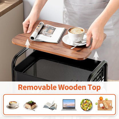 TOOLF 3-Tier Rolling Cart with Table Top, Metal Storage Cart on Wheels, Utility Organizer with Wooden Tray, Lockable Casters, Easy Assembly for Bathroom, Living Room, Office, Kitchen, Black