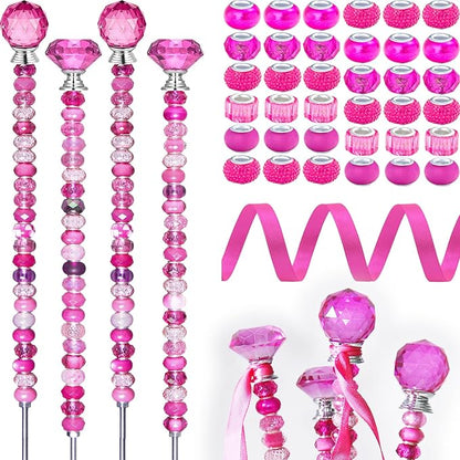 119 Pcs Garden Stake Diy Fairy Wand Plant Stake with Rose Red Large Hole Beads Crystal Diamond Stopper Top 4 Stainless Steel Threaded Rod Beaded Garden Stakes For Outdoor Indoor Yard Patio Decorations