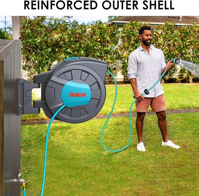 ENEACRO Retractable Garden Hose Reel with Wall Mount 1/2"×120ft with 10 Pattern Hose Nozzle, Brass Connector, Auto Rewind/Any Length Lock/ 180° Swivel Bracket, Ideal for Garden Watering