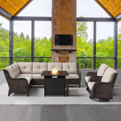 Outdoor Sectional Furniture Sofa Set with Propane Fire Pit Table, Wicker Patio Conversation Set with 2 Swivel Rocker Glider Chairs Beige Cushion Perfect for Backyard Casual Gathering