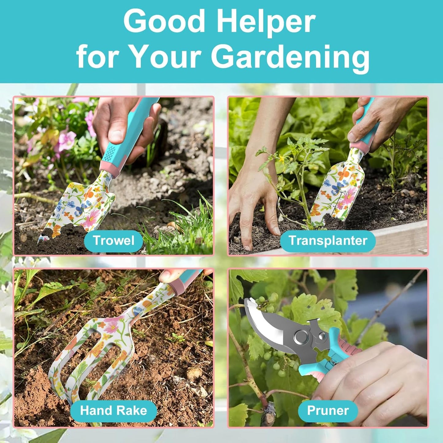 6 Pcs Garden Tool Set, Gardening Hand Tools Aluminum Alloy Starter Kit with Garden Bag, Heavy Duty Outdoor Tool Set with Ergonomic Handle, Gardening Gifts (Flower Pattern)