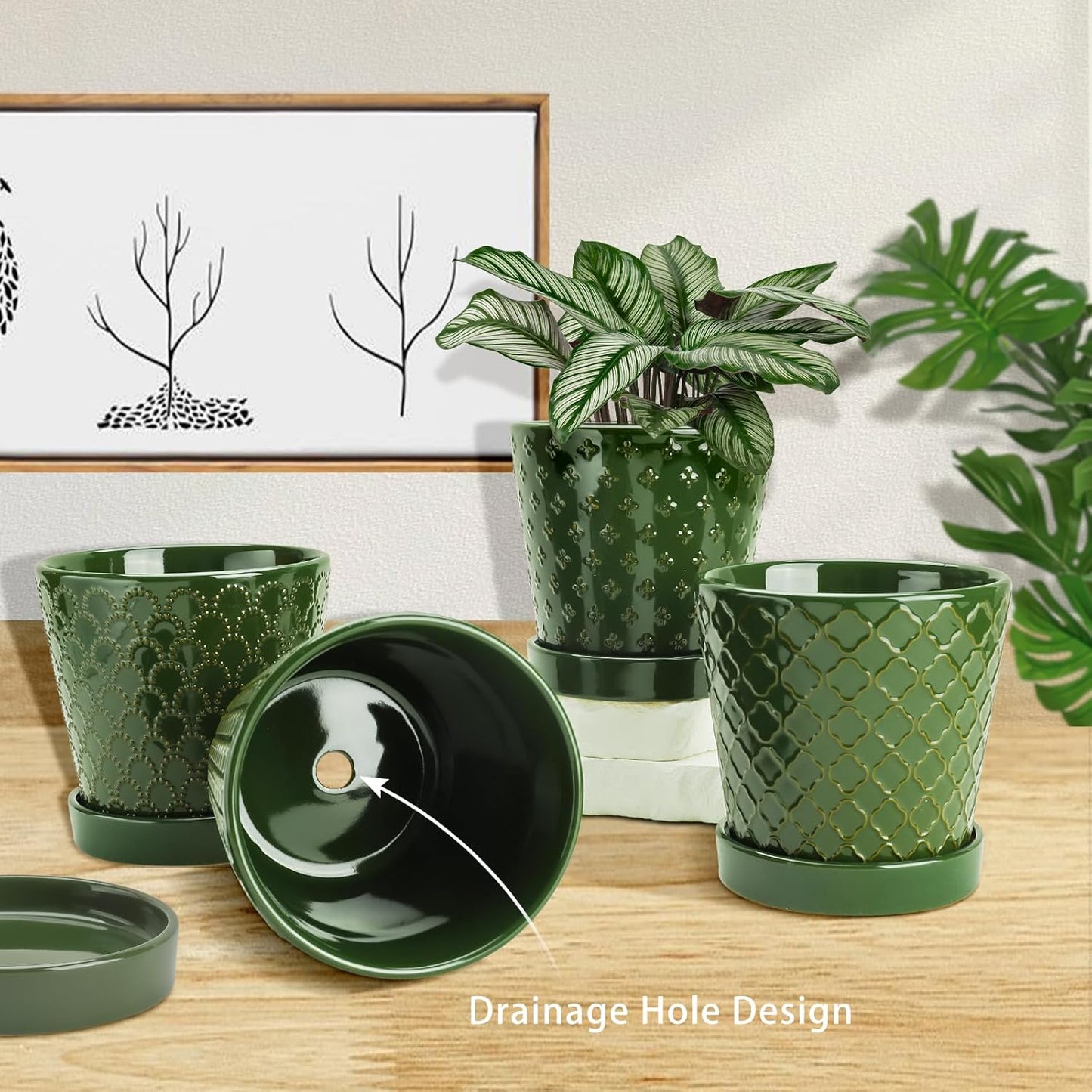 EFISPSS Ceramic Plant Pots, 5 Inch Planters with Drainage Holes and Ceramic Tray, Relief Design Flower Planter, Desktop Office Windowsill Decoration Gift Set of 4 - Blackish Green