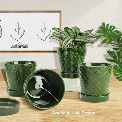 EFISPSS Ceramic Plant Pots, 5 Inch Planters with Drainage Holes and Ceramic Tray, Relief Design Flower Planter, Desktop Office Windowsill Decoration Gift Set of 4 - Blackish Green